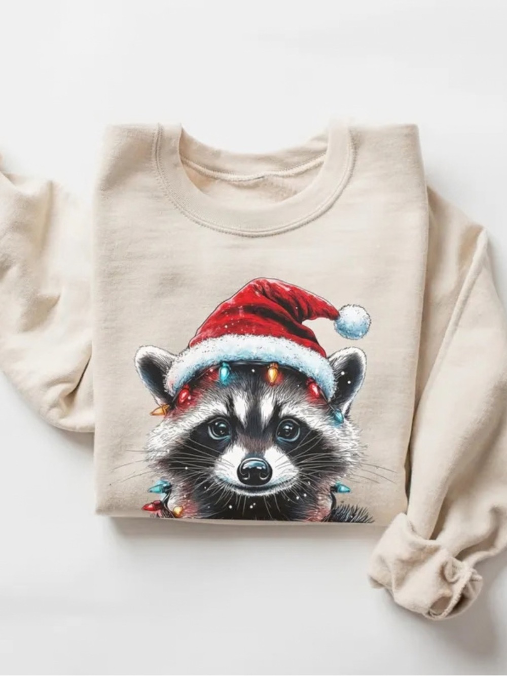Sand Color Holiday Raccoon Graphic Sweatshirt, Vintage Fun Christmas Sweatshirt
